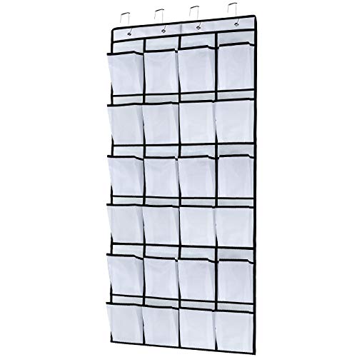 Over The Door Shoe Organizer with 24 Large Mesh Pockets Over The Door Shoe Rack and 4 High-end Hooks Foldable Hanging Shoe Organizer Space-Saving Door Shoe Organizer Hanging Shoe Organizer White