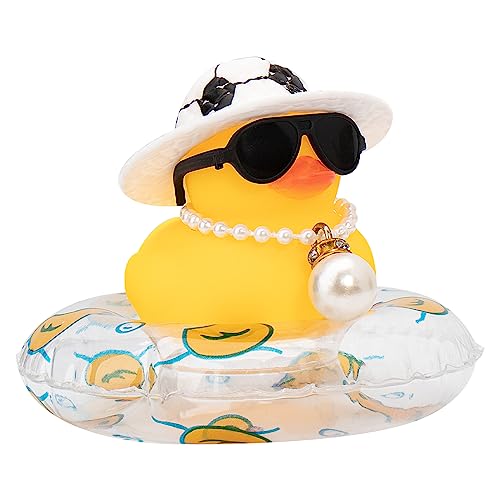 Image of wonuu Car Rubber Duck, Yellow Duck Decoration Dashboard with Sun Hat Swim Ring Necklace Sunglasses for Car Dashboard Decorations, Soccer Hat-Transparent-Big Pearl