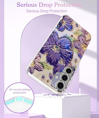 Image of Elzzi Compatible with Samsung S24 FE 5G Case Laser Flower Oil Painting Cute Colorful Blue Ray Bumper with Full Camera Protection Shockproof PC+TPU Glossy Shiny Cover for Girls Women, Purple