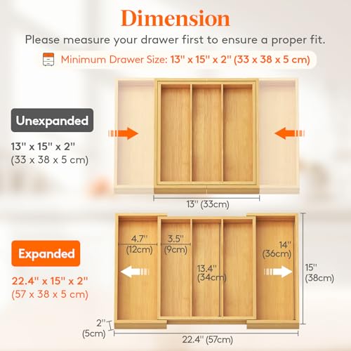 Lifewit Utensil Drawer Organiser, Extendable Cutlery Tray for Kitchen, Bamboo Silverware Flatware Holder, Wood Adjustable Kitchen Spatula Tools and Gadgets Storage Divider, 33-57x38cm, Natural