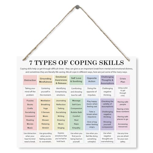 Therapy Decor 7 Types of Coping Sills Sign Mental Health Wall Decor Decorative Wood Plaque for Hanging Therapist Office Wall Decor Psychology Decorations for Home Office Counseling Recovery