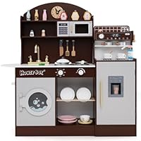 COSTWAY Kinderkeuken van hout, speelkeuken incl. 17 accessoires, speelgoedkeuken met magnetron, wasmachine, wastafel, fornuis & kookgerei, houten keuken voor kinderen vanaf 3 jaar