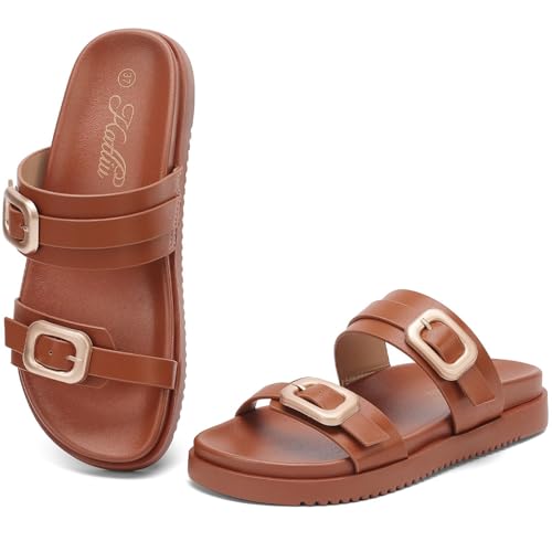 katliu Women's Comfort Flat Sandals Double Buckle Adjustable Slide Sandals