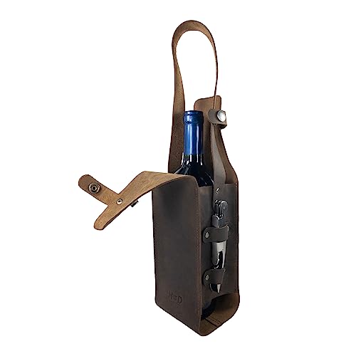 Hide & Drink, Single Bottle Wine Riveted Carrier, Handmade from Full Grain Leather - Bourbon Brown