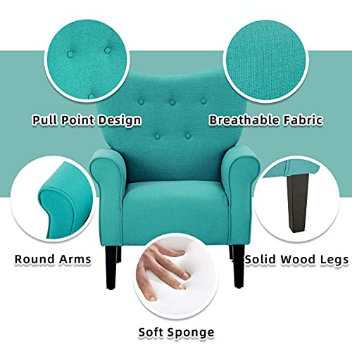 Yoleny Modern Accent Chair,High Back Armchair,Upholstered Fabric Button Single Sofa With Wooden Legs For Living Room,Bedroom,Club,Teal #TOP7