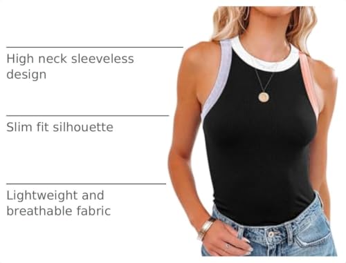 Image of siliteelon Womens Colorblock Racerback Crew Neck Casual Basic Ribbed Fitted Tank Top Sleeveless Camis