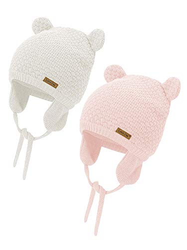 Century Star Baby Hat Cute Bear Earflap Baby Boys Hats Warm Knit Benaie Infant Toddler Girls Winter Hats 2 Pack Pink&White 0-6 Months