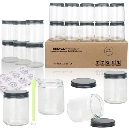 MILIVIXAY Lot de 20 pots en verre épais transparent de 250 ml avec couvercles noirs en métal - Bocaux à bougies vides en vrac pour la fabrication de bougies - Bocaux de conservation pour épices