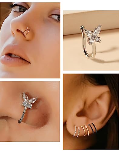 Fake Nose Ring Hoop Fake Nose Stud Magnetic Septum Nose Ring Stud Stainless Steel CZ Fake Nose Piercing Stud Faux Nose Ear Lip Cuffs Non Pierced Jewelry for Women Men4