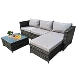 GadgetHaven Garden Corner Sofa Furniture, 4-Seater All-Weather Rattan Corner Sofa Set w/Tempered Glass Coffee Table,Ottoman - L-Shaped Patio Garden Furniture (Grey Rattan+Light Grey Cushion)-YXL-2