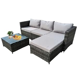GadgetHaven Garden Corner Sofa Furniture, 4-Seater All-Weather Rattan Corner Sofa Set w/Tempered Glass Coffee Table, Ottoman - L-Shaped Patio Garden Furniture (Grey Rattan+Light Grey Cushion)-YXL-2