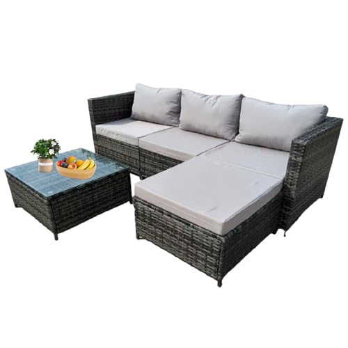 GadgetHaven Garden Corner Sofa Furniture, 4-Seater All-Weather Rattan Corner Sofa Set w/Tempered Glass Coffee Table,Ottoman - L-Shaped Patio Garden Furniture (Grey Rattan+Light Grey Cushion)-YXL-2