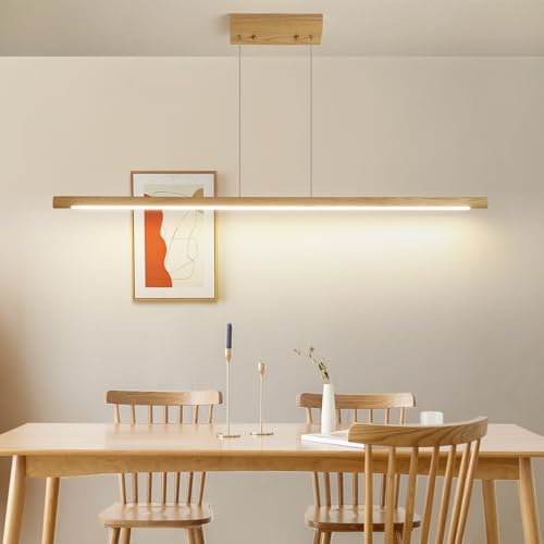 Mikeru Ash Wood Round Pendant Light, 120cm Dimmable Wood Linear Hanging Table Lights 3000K/4500K/6500K 10% to 100% Modern LED Kitchen Chandelier for Living Room, Restaurant, Office