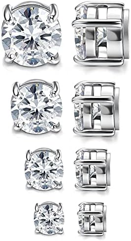 MILACOLATO 4 Pairs Stainless Steel Magnetic Stud Earrings for Men Women Round/Square CZ Inlaid Magnetic Earrings Non-Piercing CZ Clip On Stud Earring 3 Colors 5-8mm
