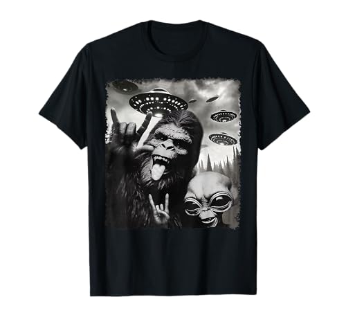 Funny Bigfoot Alien Sasquatch Rock On Hand Sign UFO Selfie T-Shirt