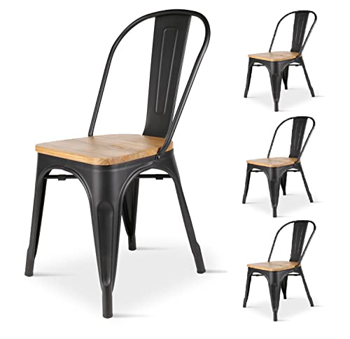 DEKORIOS Metal Dining Chairs with Wooden Seat Set of 4 Indoor/Outdoor Patio Kitchen Metal Chairs 18 Inch Seat Height Restaurant Chair Stackable Chair Tolix Side Bar Chairs