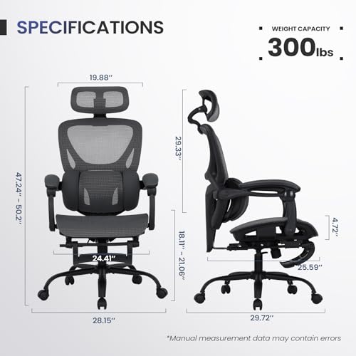 Image of MALOL Ergonomic Mesh Office Chair with Footrest, Executive High Back Computer Desk Chair with 3D Adjustable Headrest & 5-Level Lumbar Support, Reclining Tilt Lock, 3D Arms, 300LBS Capacity, Grey