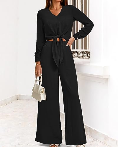 PRETTYGARDEN Women's 2 Piece Outfits 2026 Spring Fashion V Neck Long Sleeve Strappy Crop Top Wide Leg Pant Lounge Sets - image 7