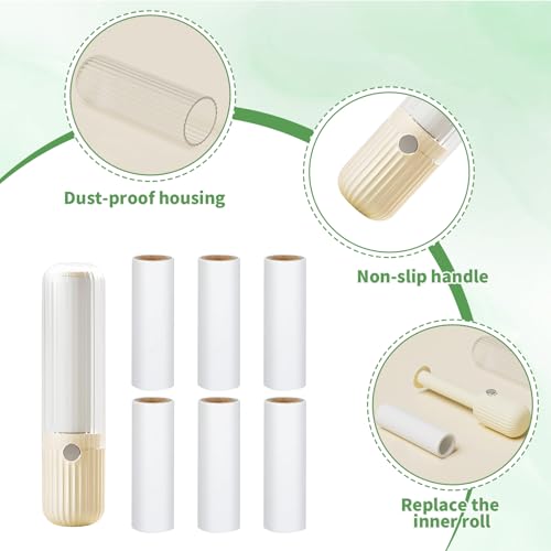 Fusselrolle für unterwegs Wiederverwendbar Fusselrollen Inklusive 6 Mini Nachfüllpacks 1 Abroller Tierhaarentferner Flusenentferner für Kleidung Sofa Tierhaare Cremig gelb