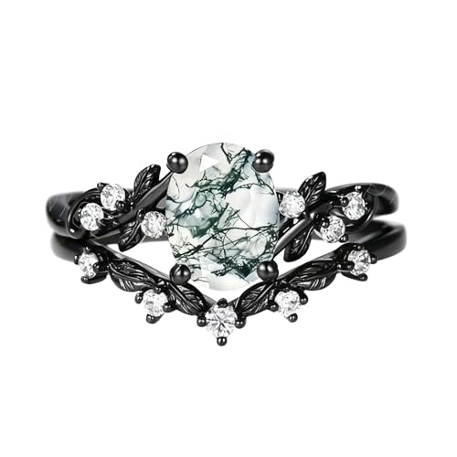 Yafeeso Natural Moss Agate Engagement Ring Set for Women, 925