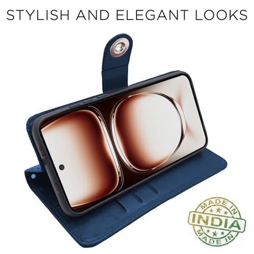 Image of Pikkme Flip Cover Leather Finish | Inside TPU with Card Pockets | Wallet Stand and Shock Proof | Complete Protection Button Flip Case for Oppo Reno 12 Pro 5G (Blue)
