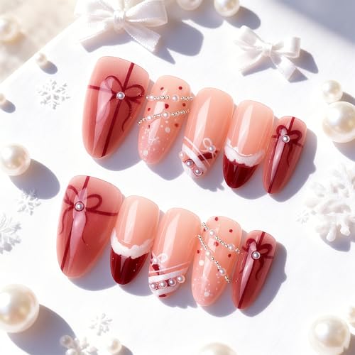 plalely Almond Press on False Nails Long 3D Xmas CharmPress on False Nails Christmas Snowflake Stick on Nail Tips for Women 24pcs