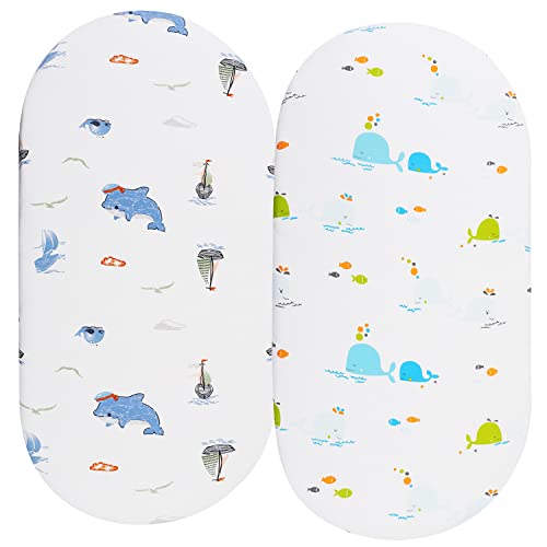 Image of Bassinet Sheets Compatible with UPPAbaby Bassinet, 2 Pack Fitted Sheets, 100% Jersey Knit Cotton 190GSM, Ultra Soft Breathable, Dolphin and Whale