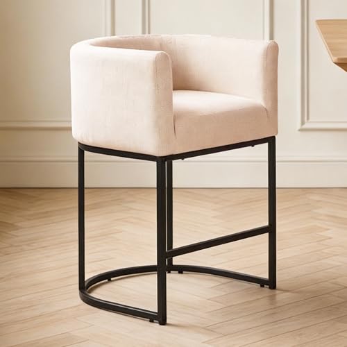 Image of 26 inch Counter Height Bar Stools Set of 1, Linen Fabric Upholstered Barrel Chairs with Back and Arms, Metal Frame Kitchen Island Stools with Footrest, Linen Fabric