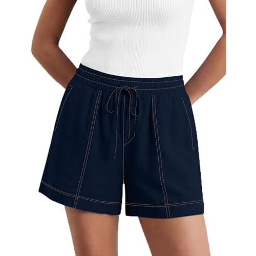 LOMON Women's Casual Linen Shorts Elastic Waisted Drawstring Summer Shorts with Pockets