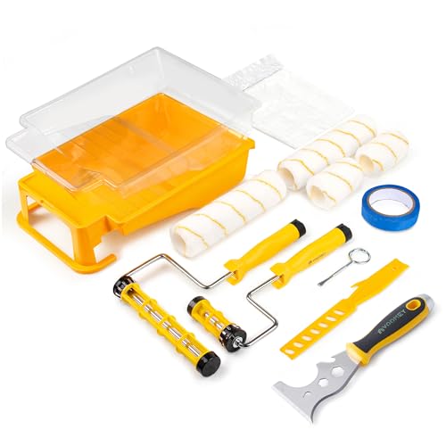 VOOME 12PCS Paint Roller Kit with Durable Tray & Stainless Putty Knife, All-in-One Set for Home Painting, Wall Repair & DIY Projects, Easy Storage & Efficient Application