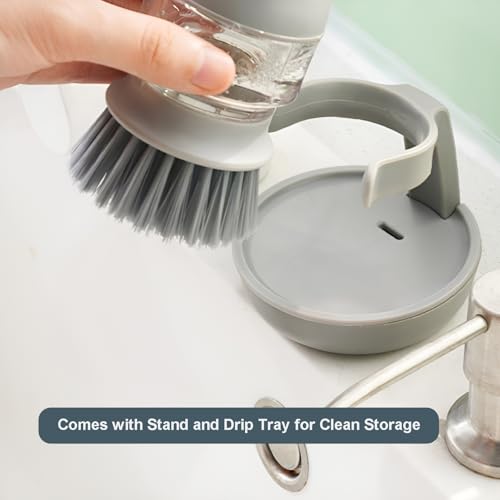 Image of Dish Brush with Soap Dispenser, Kitchen Dish Scrubber Brush for Dish Pot Pan Sink Cleaning, with Holder Drip Tray Replacement Head
