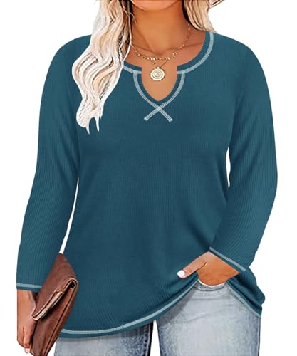 Image of CARCOS Plus Size Tops for Women Long Sleeve Raglan V Neck T Shirts Tunic Fall Blouse Xl-5Xl 14W -28W