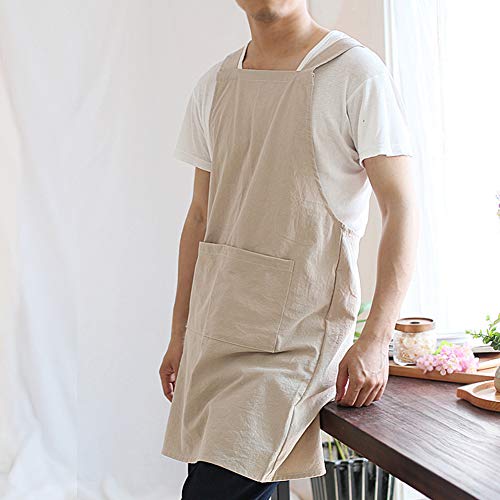 Newgem Japanese Linen Cross Back Kitchen Cooking Aprons For Men With Pockets For Baking Painting Gardening Cleaning Khaki #TOP2