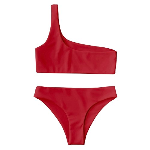 ZAFUL Women’s Two-Piece Asymmetric One Shoulder Bikini Set Textured Ribbed Push-up Bathing Suit (Small, Red)