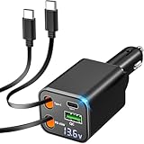 Retractable Car Charger, 120W USB-C Fast Charge Phone Charger for Car, 4-in-1 Dual Type-C Cables & USB-A QC Port, Car Charger for iPhone 17/16/15/14/13 Samsung Travel Essentials Gifts for Women & Men