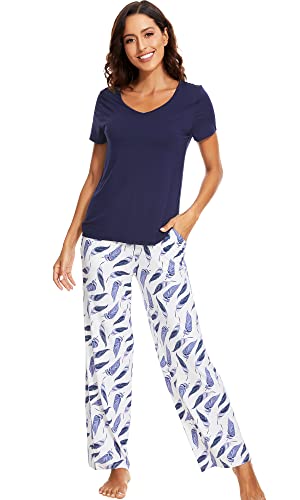 WiWi Viscose from Bamboo Womens Pajamas Set Soft V Neck Sleepwear Short Sleeve Top with Pant Lightweight S-3X