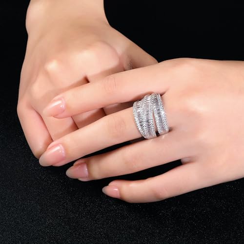 MDFUN 18K White Gold/Yellow Gold Plated Halo Wedding Eternity Ring for Women, 3 Rows Emerald Cut Cubic Zirconia Rings Statement Band Size 5-103