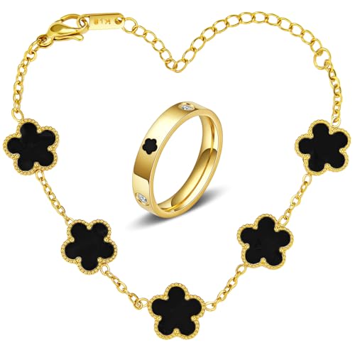 MHWTTY Gold Silver Butterfly Clover Bracelet Ring Set, Stainless Steel Cuff Bangle Jewelry Dainty Love Design for Women Wedding Birthday Gift (Black Clover, Ring Size 6)