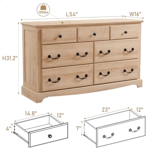 T4TREAM 7 Drawers Dresser Chests for Bedroom, Wood Vintage Chests of Drawers, Rustic Dressers Chset Organizer for Bedroom, Living Room, Hallway, Natural Oak - Image 2