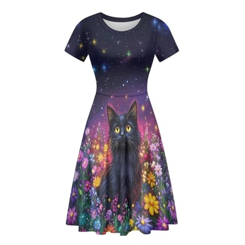 Image of HUGS IDEA Womens Puffy Swing Midi Dress Round Neck Short Sleeve Party A-Line Dresses