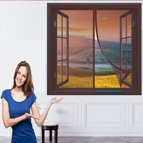 Tela Mosquitera para Puerta y Ventana 148 x 155 cm Pantalla de Ventana Mosquiteras Cierre Automático sin Taladrar Fácil de Ensamblar Cortina Antimoscas para Balcón y Puerta Ventana, Marrón