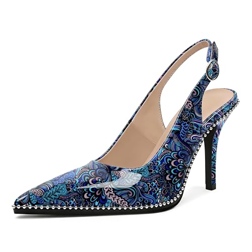 Zamikoo Women Beaded Pumps High Heel Slingback Pointed Toe Slip On 3.5 Inch Stilettos Ankle Strap Adjustable Buckle Fashion Dress Shoes for Party Event Floral Blue Patent Leather US Size 9.5