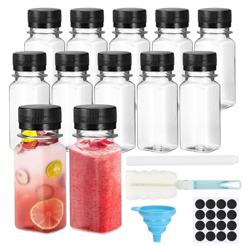 14 Stück Kleine Flaschen zum Befüllen 60 ML/2oz Ingwer Shot Flaschen zum Befüllen Kunststoff Wellness Mini Plastikflasche Trinkflasche für Smoothie Saft Ingwer Juicer Shots Wasser (Schwarzß)