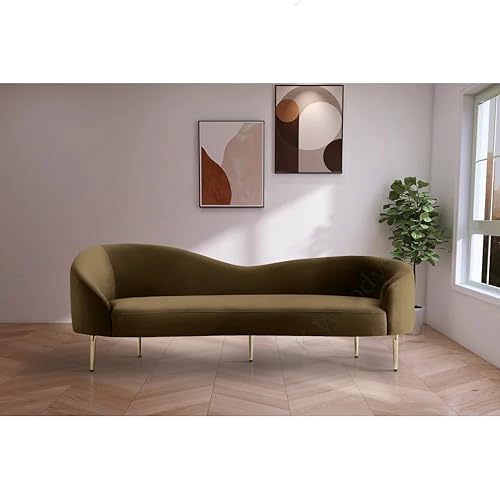 Image of Rosewood Luxury Curved Sofa in Premium Velvet-Fabric | Solid Wood Structure | High Density Foam | Sturdy Golden Legs | Comfortable & Stylish Couch for Modern Living Room (Brown, 3 Seater)