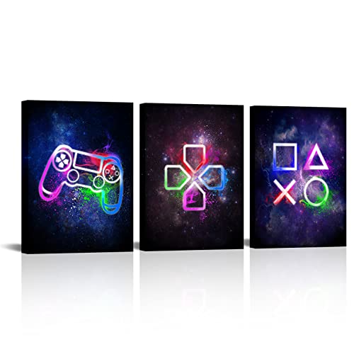 Visual Art Decor Video Game Room Wall Decor Cool Video Game Buttons Posters Pictures Gift for Boys Bedroom Room Decorations 3 Panels Canvas Playroom Paintings Prints Ready to Hang (Purple, 12x16x3 pieces)