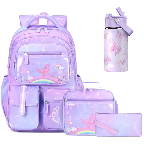 Kids School Backpack for Girls, Rainbow Bookbag Backpack with 14OZ Kids Water Bottle, Lunch Bag Set for Girls Kid Teens Middle School Student, Girl Backpacks for Schools (4pcs Water Bottle)