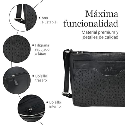 Laura Valle Bolso Bandolera Mujer Mediano Modelo Bella – Bolso Bandolera Mujer De Piel Auténtica Con Estilo Juvenil Y Cremalleras Seguras Ideal Para Bolso Hombro y Uso Diario (Negro) - imagen 6