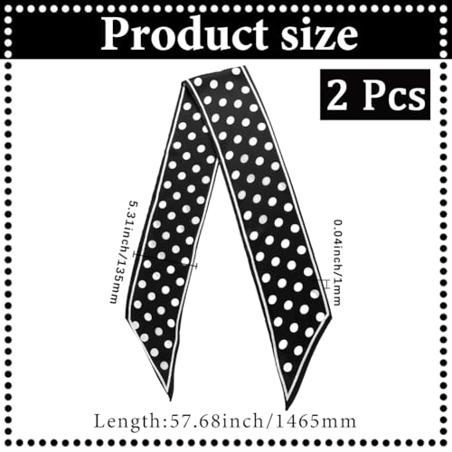 2Pcs Black and White Polka Dot Neck Scarf Womens Fashion Satin Silk Neckerchief Purse Bag Scarfs Silky Long Thin Headscarf Band Hair Head Scarves for Women Gifts Handbags Costume Accessories2