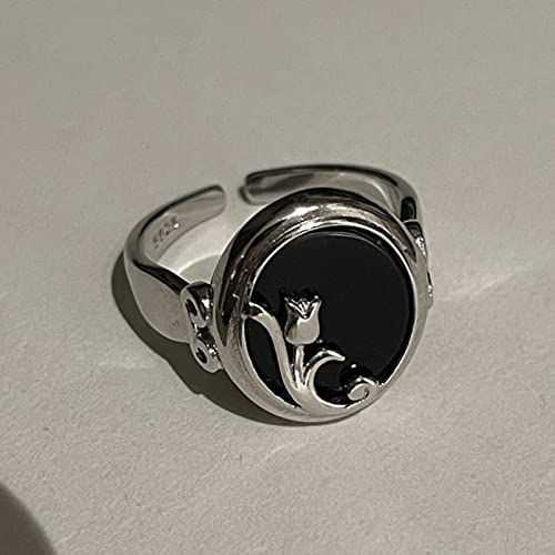 HCMA Anillos de Plata Ovalada de ágata Negra Francesa de Plata 925 para Mujer, Anillo Abierto de Flor de ónix Retro, joyería Femenina, Regalos