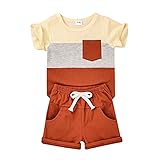 KAFIREN 1 Year Old Boy Clothes Baby Boy Clothes Summer Outfits Short Sleeve Patchwork Top T-shirt Pocket Pants Beige Boy Set 12-18 months/70cm